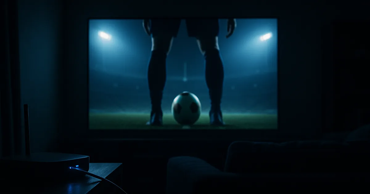Donkere woonkamer 's avonds, verlicht door het blauwe schijnsel van een groot tv-scherm met een voetballer die klaarstaat voor een strafschop; op de voorgrond een ethernetkabel naar een router.