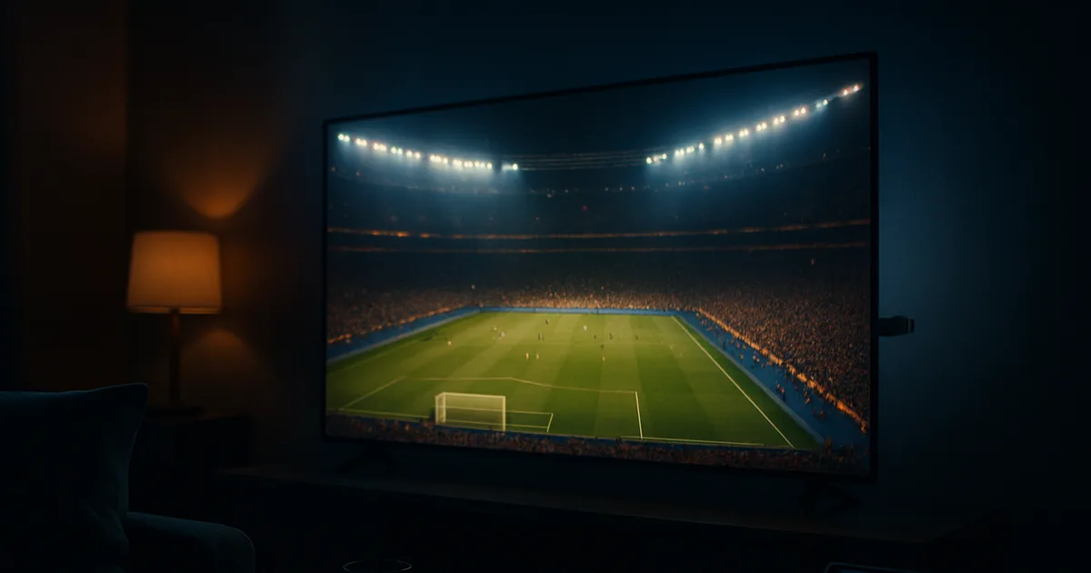 Donkere woonkamer 's avonds, verlicht door een groot 4K-tv-scherm met een WK-voetbalwedstrijd in een vol stadion, een streamingstick in de HDMI-poort en een telefoon met een tweede wedstrijd op de bank.
