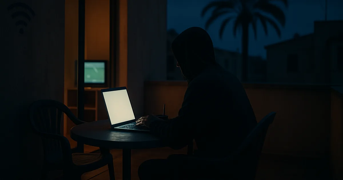 Nederlandse vakantieganger op een terras in het buitenland bij schemering, met een laptop en streamingstick klaargezet om de WK-finale te kijken.