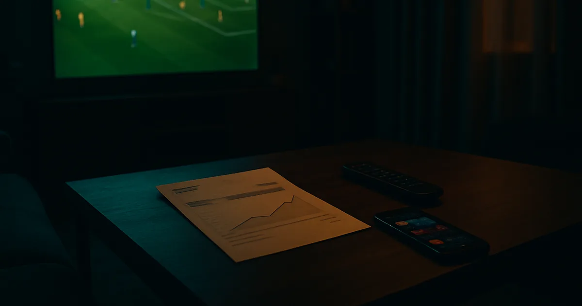 Donkere woonkamer 's avonds, alleen verlicht door een groot tv-scherm met een live voetbalwedstrijd; op de salontafel een energieachtige rekening, een afstandsbediening en een telefoon met een streaming-app.