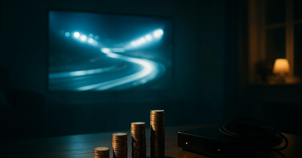 Donkere woonkamer bij schemering waarin een televisie een nachtelijk racecircuit uitlicht, met op de salontafel oplopende stapeltjes euromunten naast een zwarte kabeldecoder met rood standby-lampje.