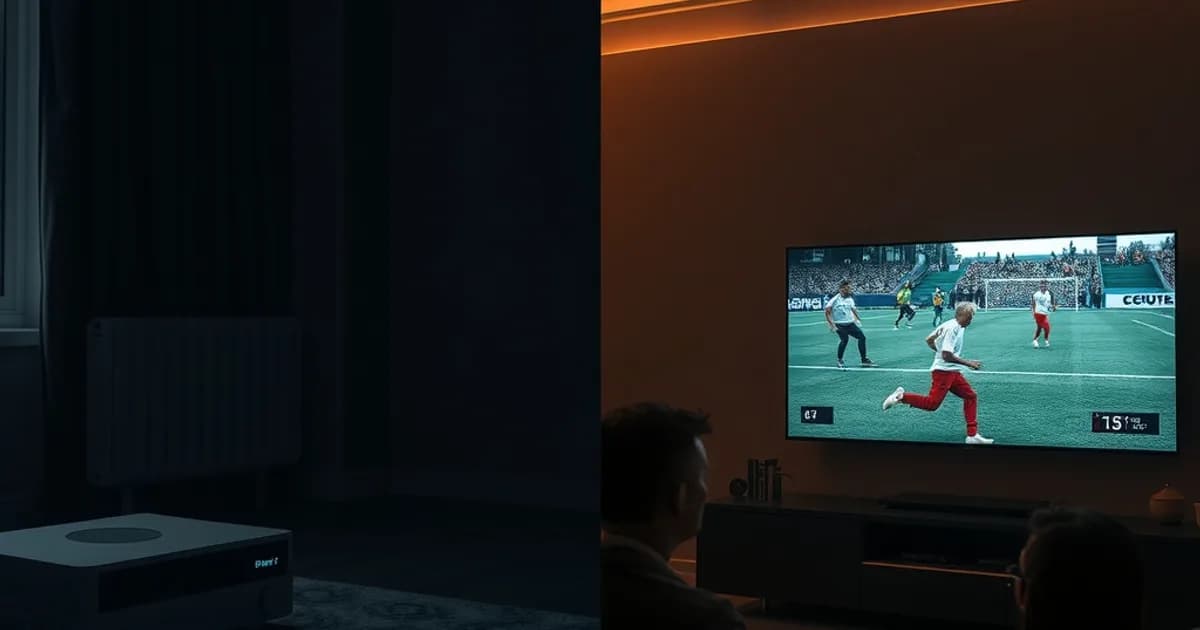 Split beeld van een woonkamer: aan de ene kant een verouderde kabelbox met oplopende rekeningen, aan de andere kant dezelfde kamer met een moderne streaming-opstelling en een ontspannen gezin dat een voetbalwedstrijd kijkt.